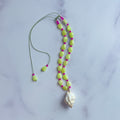 Neon Yellow Jade Necklace with hot pink crystal details + shell pendant