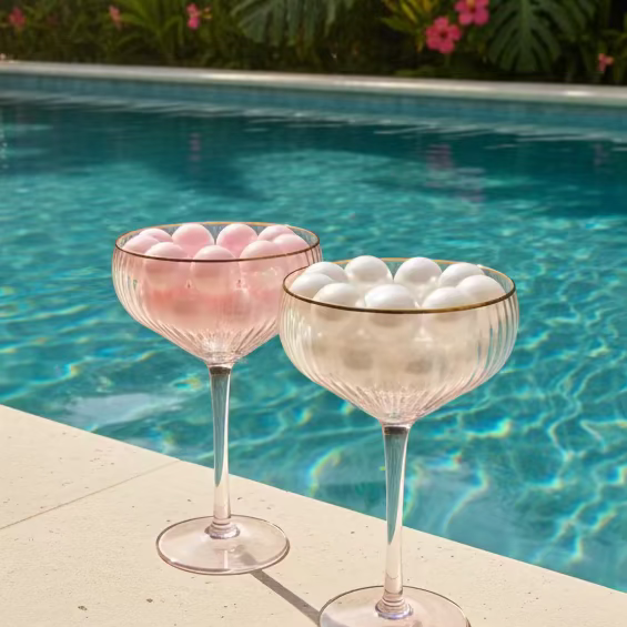 Two glass bowls with decorative balls on a marble surface