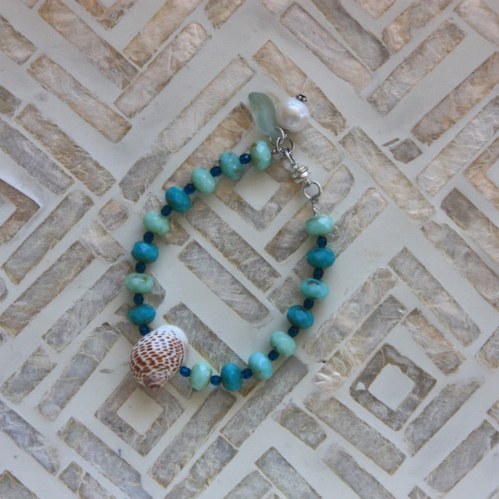 Turquoise Czech Glass + Shell + Charm Bracelet