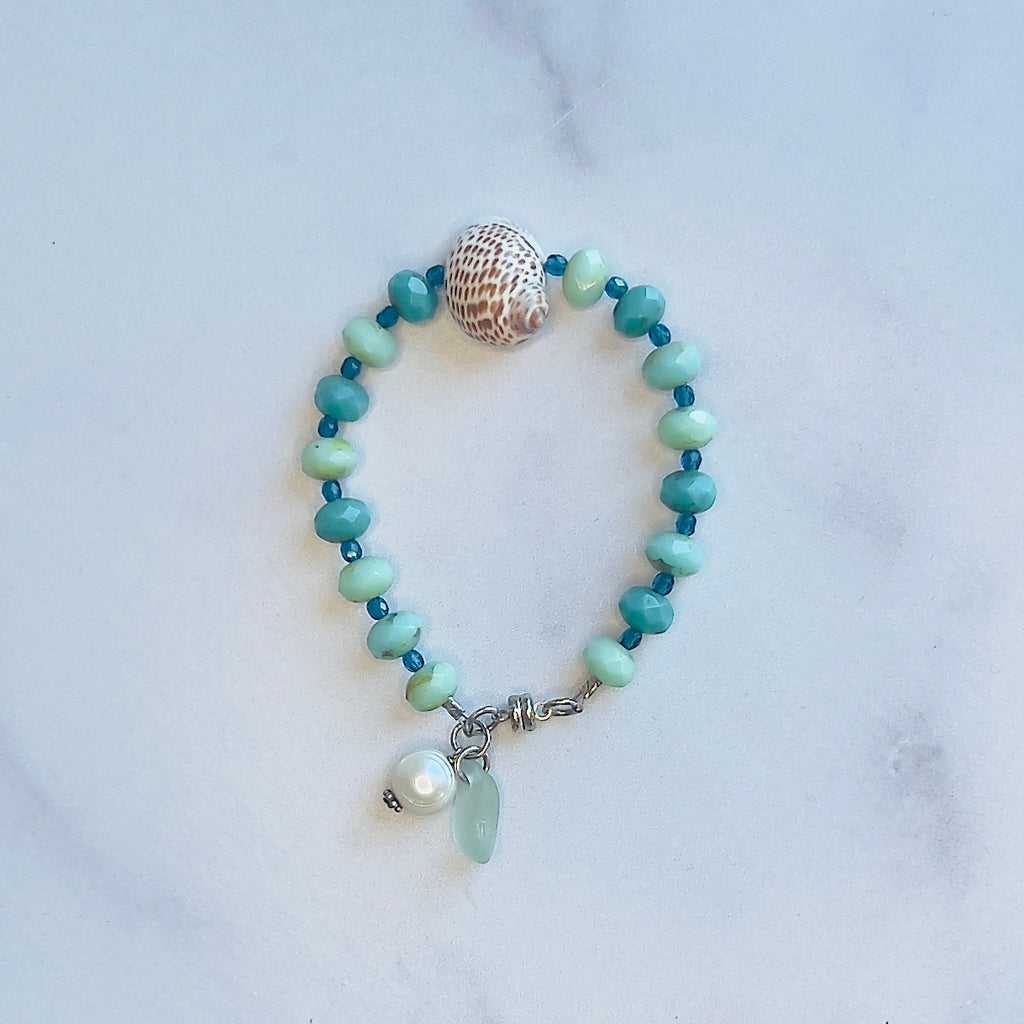 Turquoise Czech Glass + Shell + Charm Bracelet