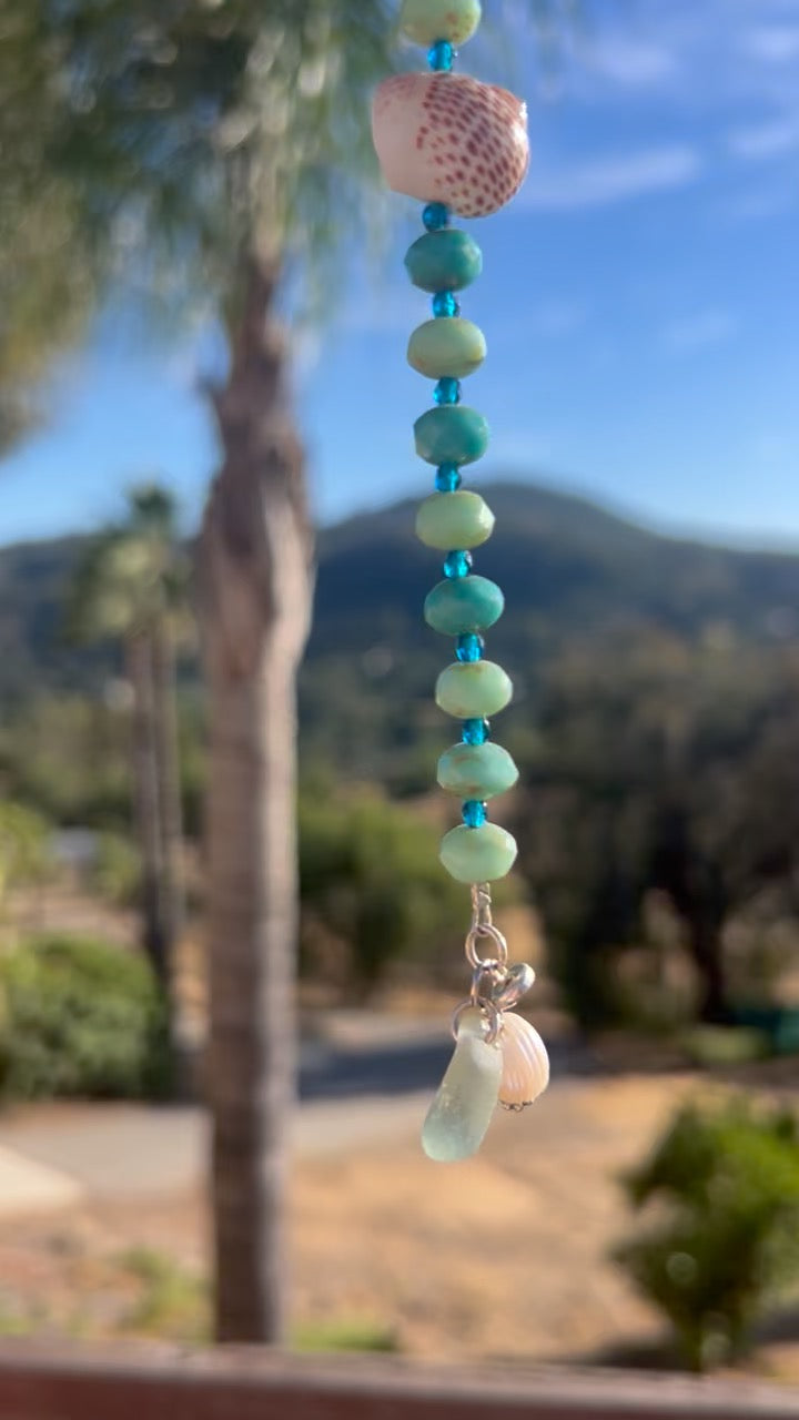 Turquoise Czech Glass + Shell + Charm Bracelet