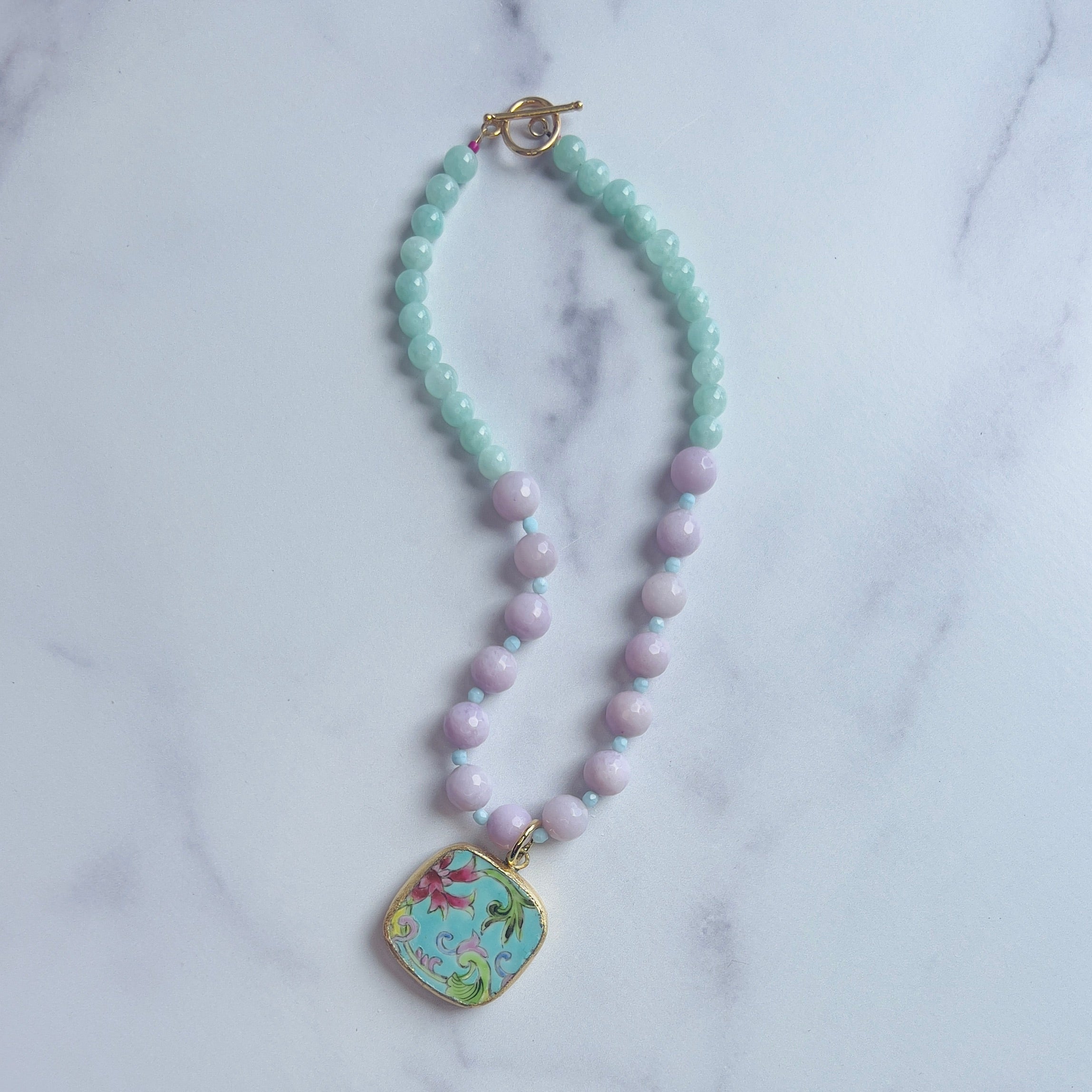 Lavender Jade + Aqua Angelite + broken china pendant Necklace