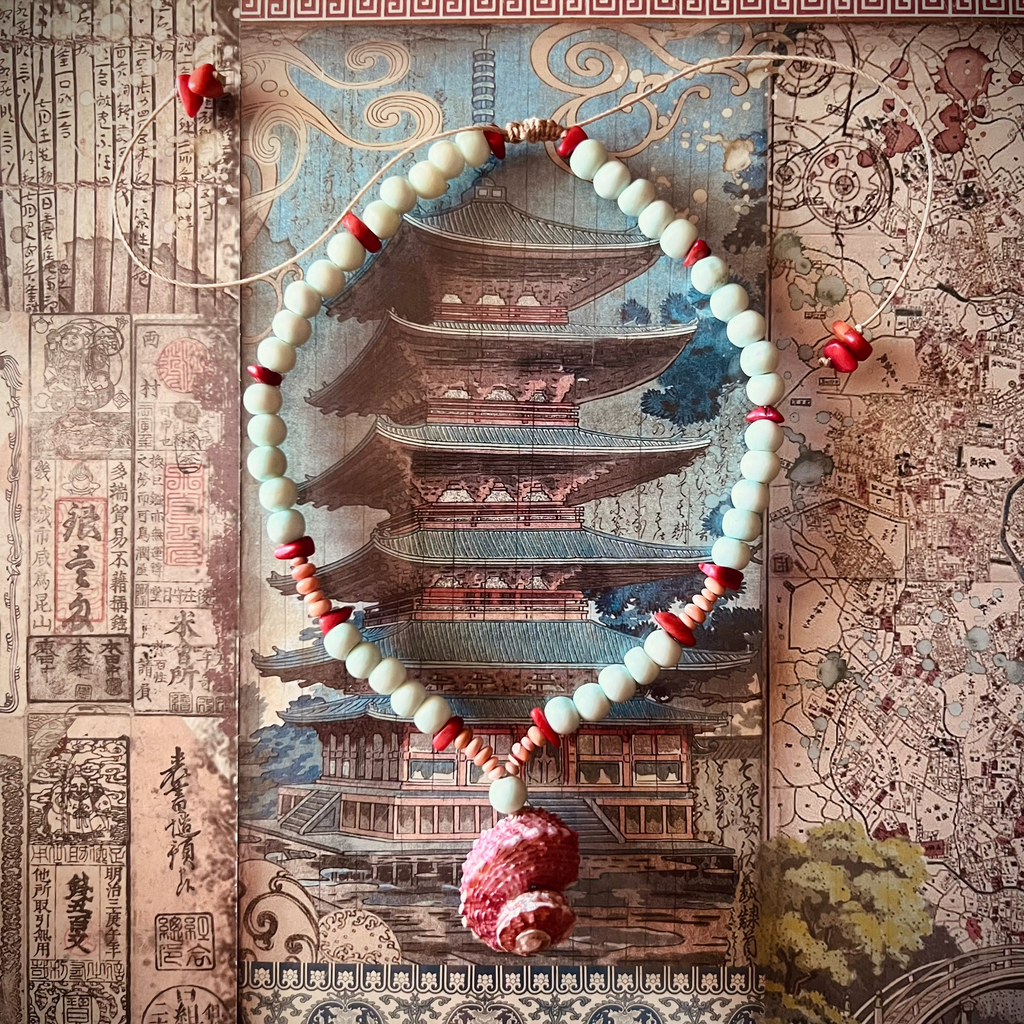 Bone + Coral + Peach Fire Opal Necklace + red shell pendant
