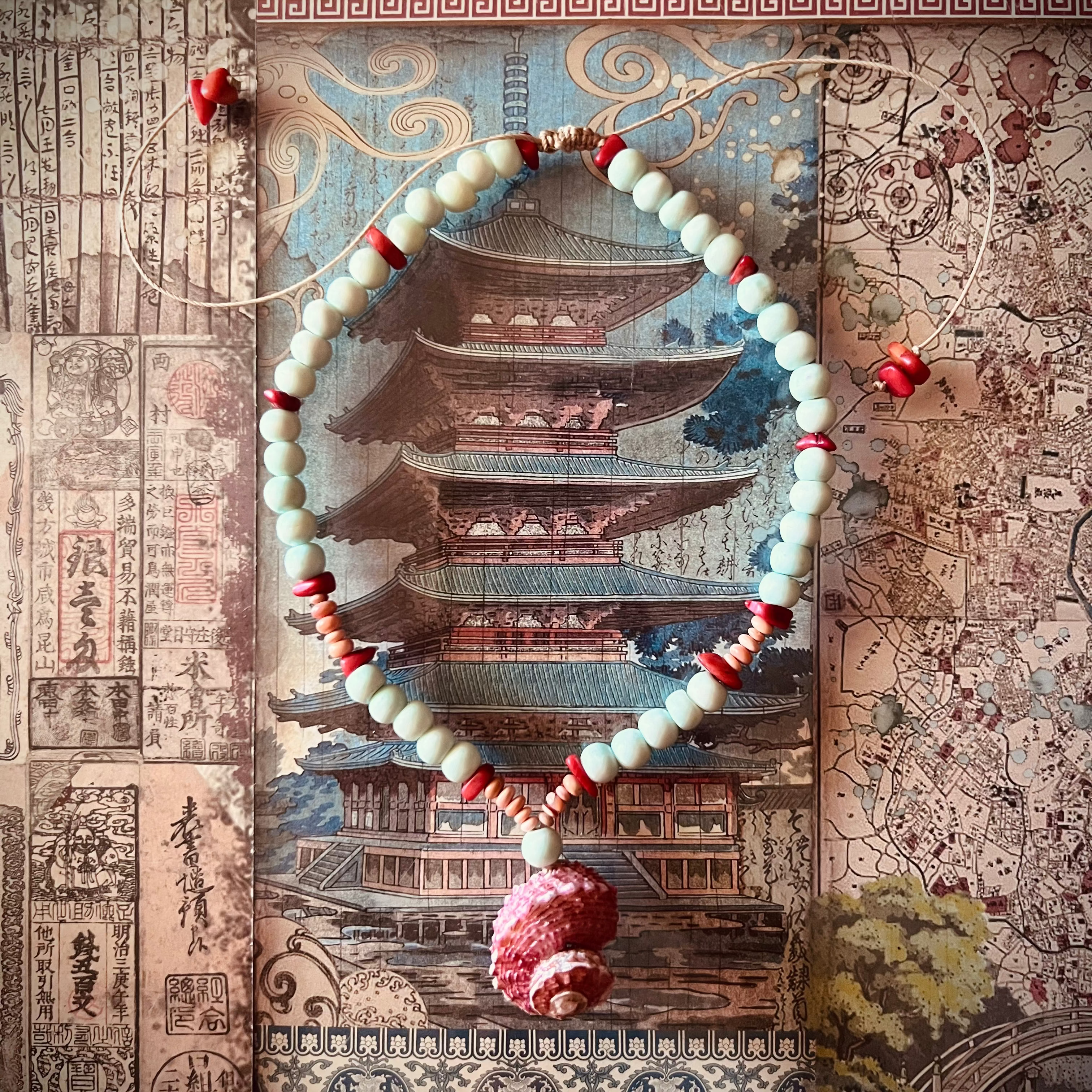 Bone + Coral + Peach Fire Opal Necklace + red shell pendant