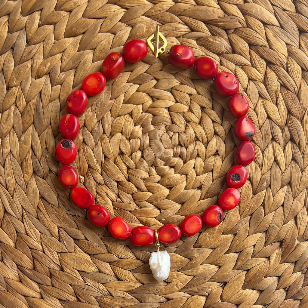 Chunky Coral Necklace + Baroque Pearl Charm