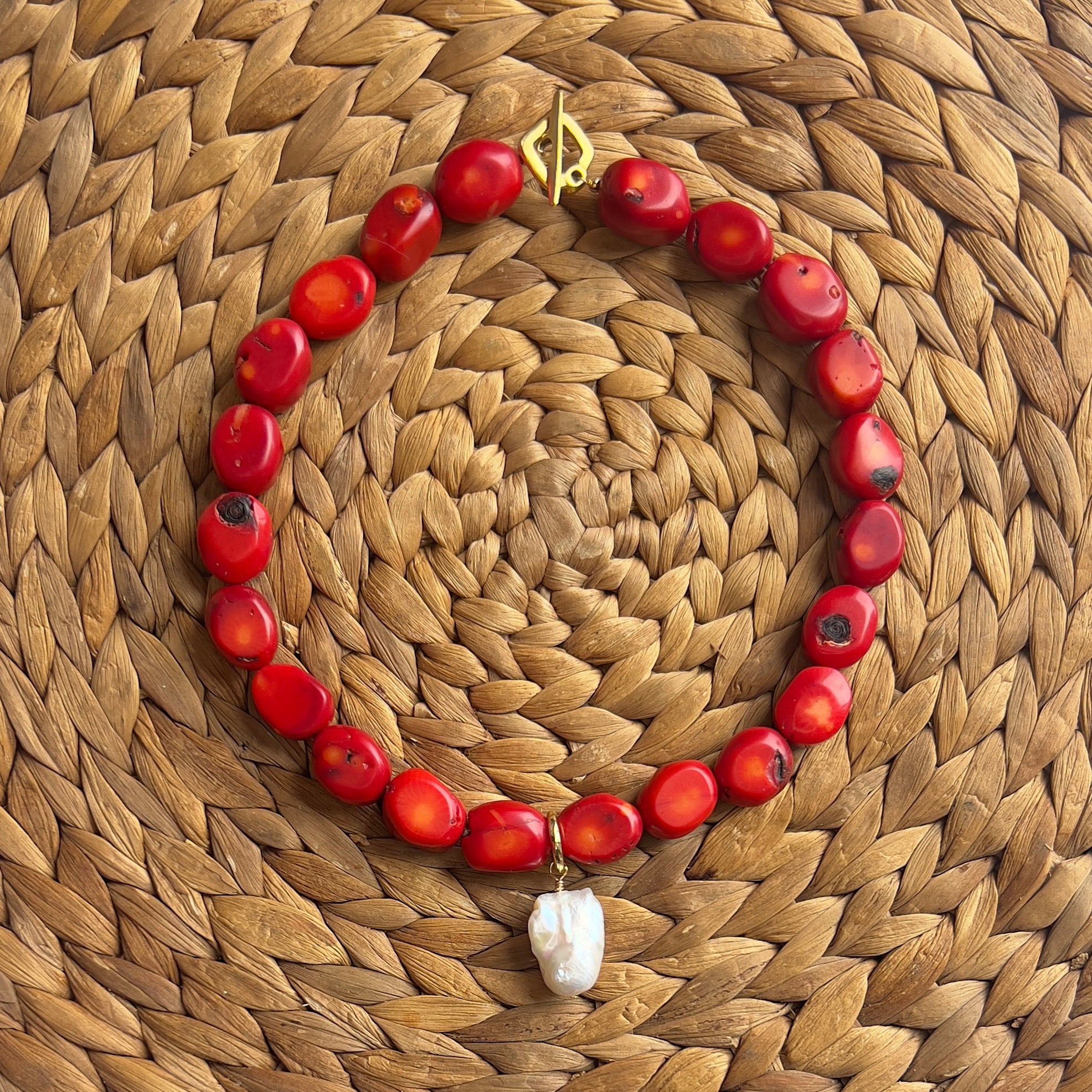 Chunky Coral Necklace + Baroque Pearl Charm