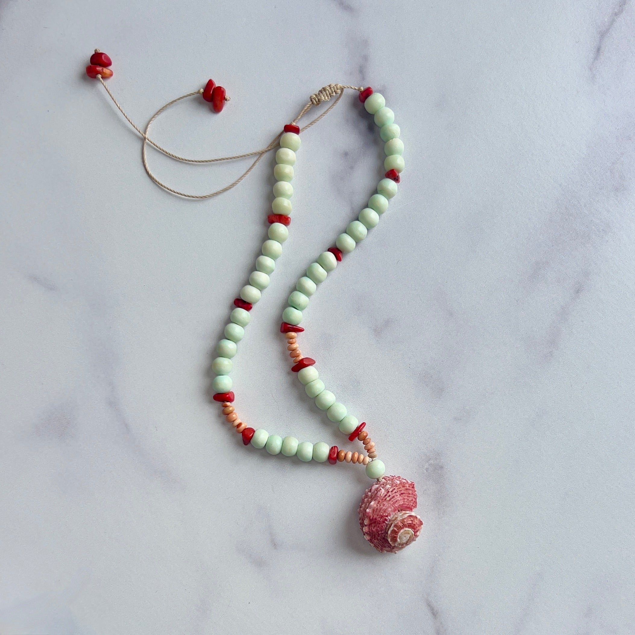 Bone + Coral + Peach Fire Opal Necklace + red shell pendant