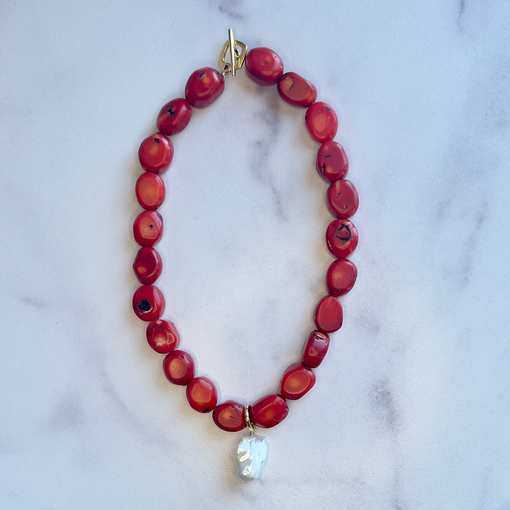 Chunky Coral Necklace + Baroque Pearl Charm