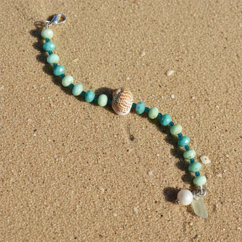 Turquoise Czech Glass + Shell + Charm Bracelet