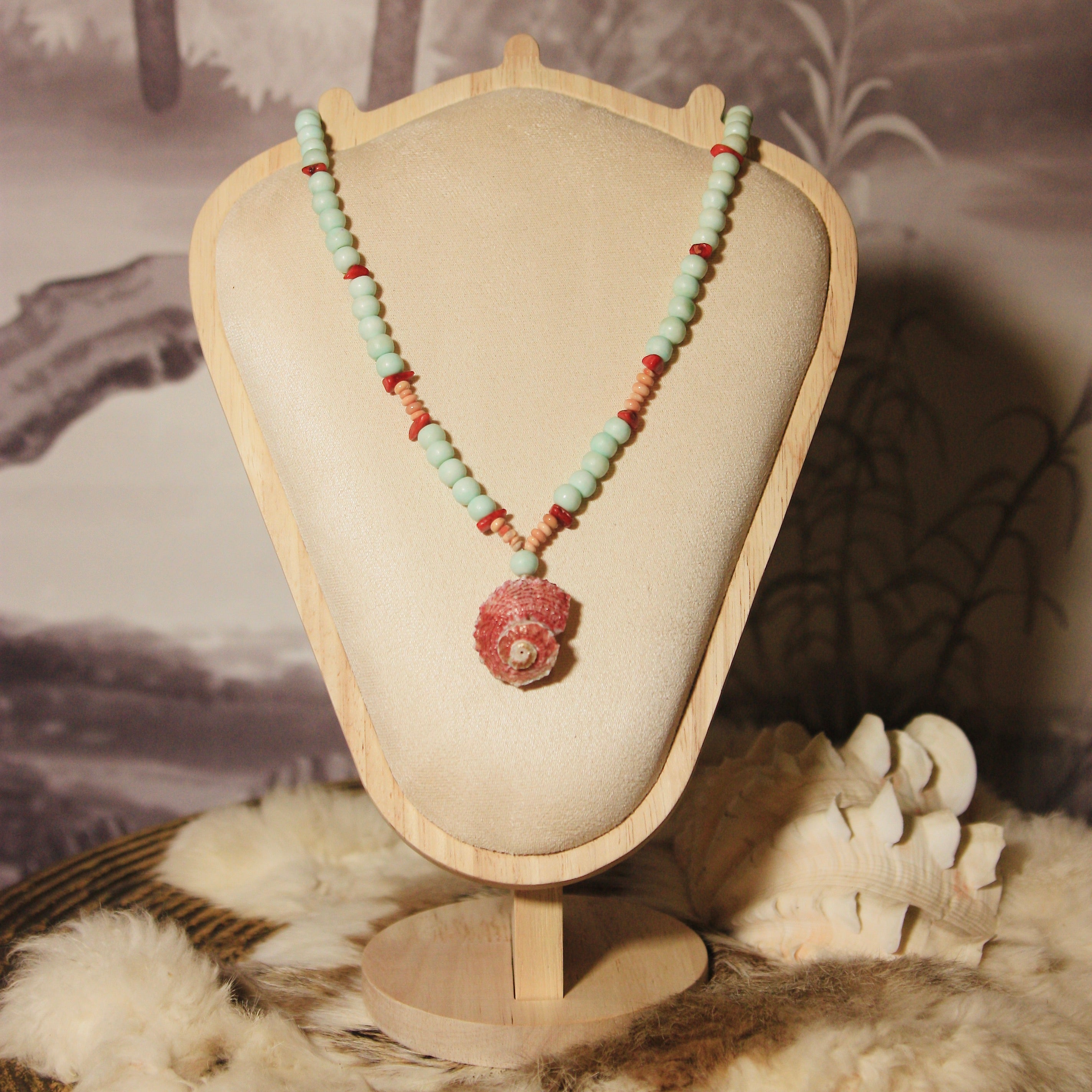 Bone + Coral + Peach Fire Opal Necklace + red shell pendant
